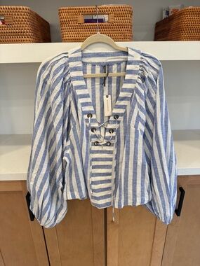 Anthropologie Blue and White Striped Button-Front Linen Top